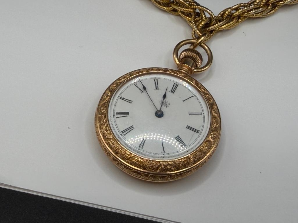 ANTIQUE THE WATERBURY WATCH CO. OPEN FACED GOLD-FILLED ENGRAVED CASE POCKET WATCH - 3