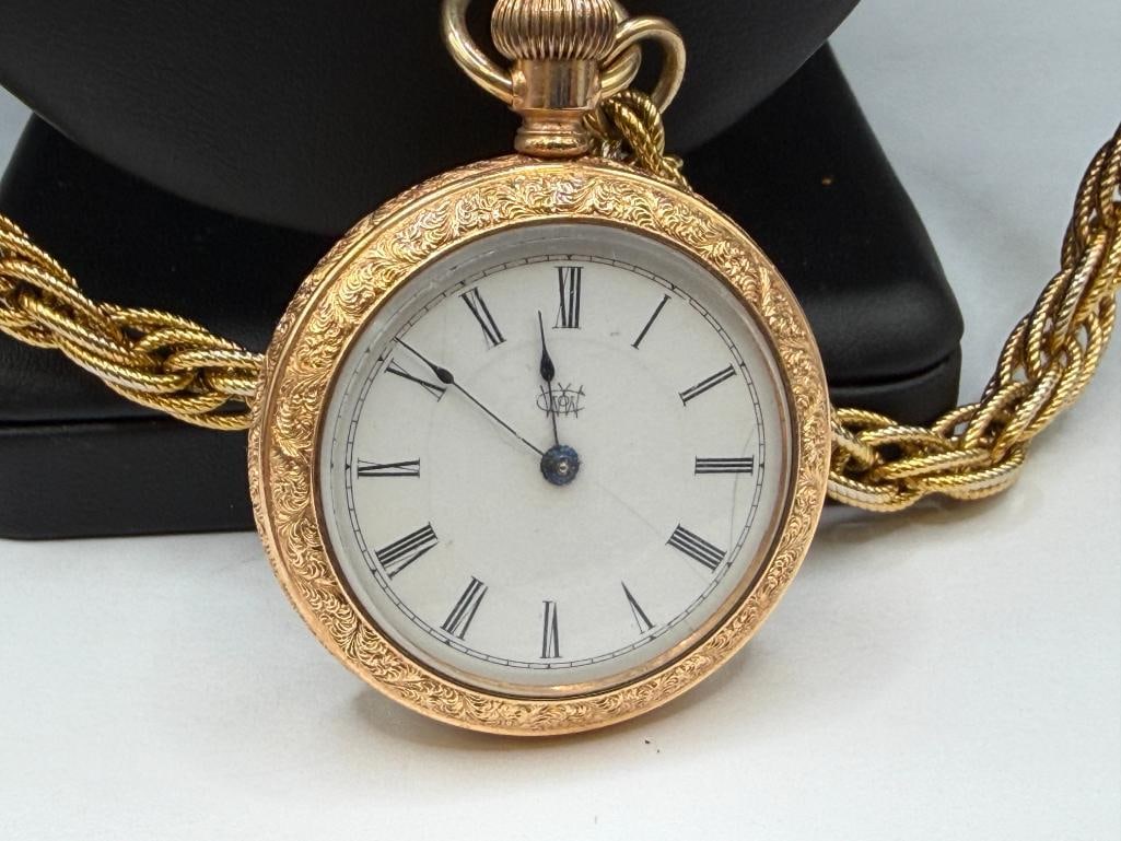 ANTIQUE THE WATERBURY WATCH CO. OPEN FACED GOLD-FILLED ENGRAVED CASE POCKET WATCH - 4