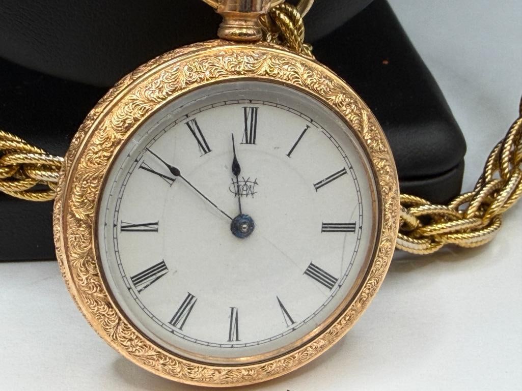 ANTIQUE THE WATERBURY WATCH CO. OPEN FACED GOLD-FILLED ENGRAVED CASE POCKET WATCH - 5