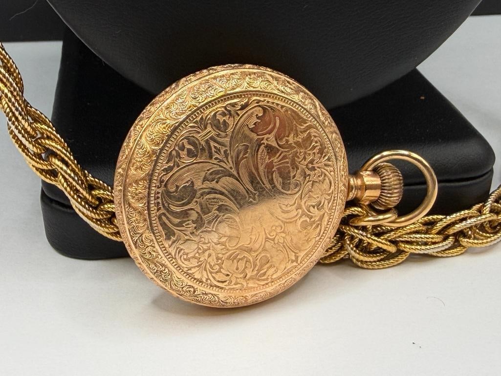ANTIQUE THE WATERBURY WATCH CO. OPEN FACED GOLD-FILLED ENGRAVED CASE POCKET WATCH - 6
