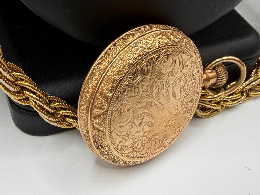 ANTIQUE THE WATERBURY WATCH CO. OPEN FACED GOLD-FILLED ENGRAVED CASE POCKET WATCH - 7