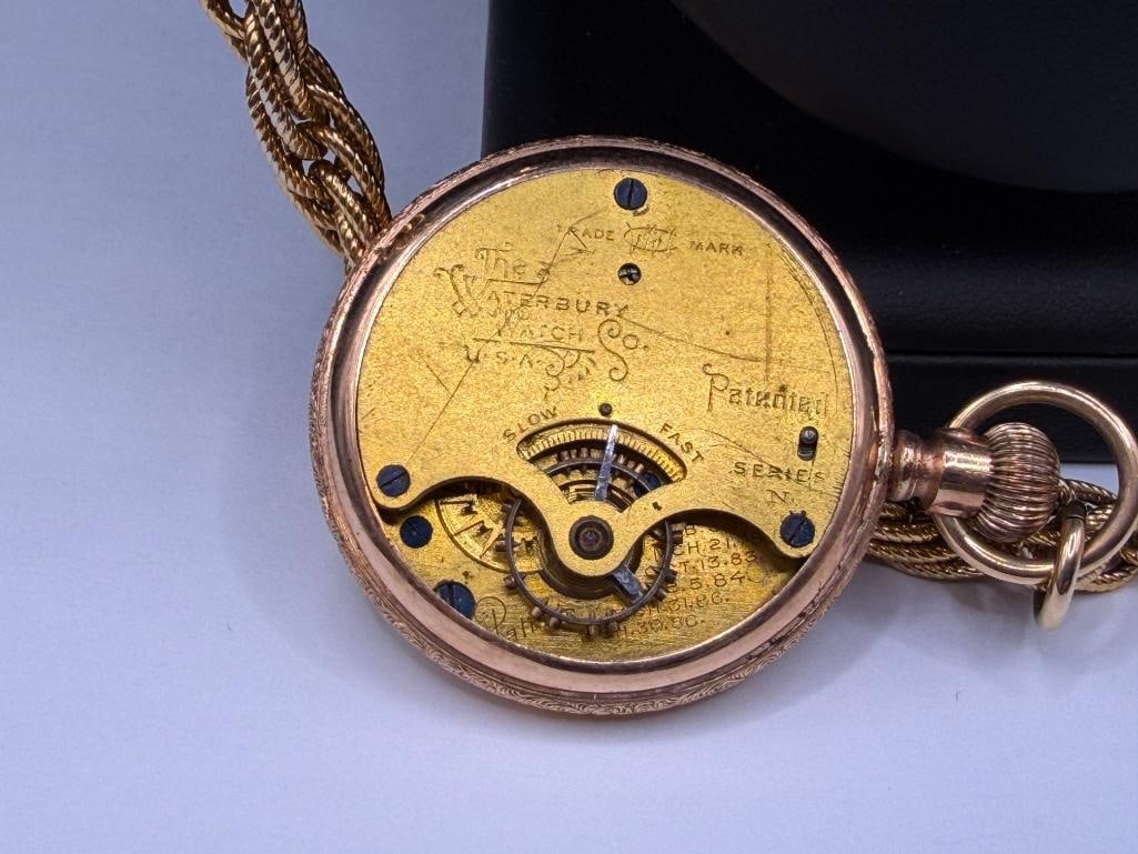 ANTIQUE THE WATERBURY WATCH CO. OPEN FACED GOLD-FILLED ENGRAVED CASE POCKET WATCH - 8