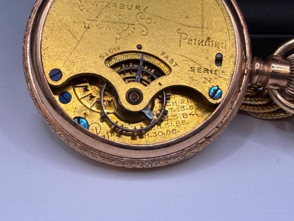 ANTIQUE THE WATERBURY WATCH CO. OPEN FACED GOLD-FILLED ENGRAVED CASE POCKET WATCH - 9