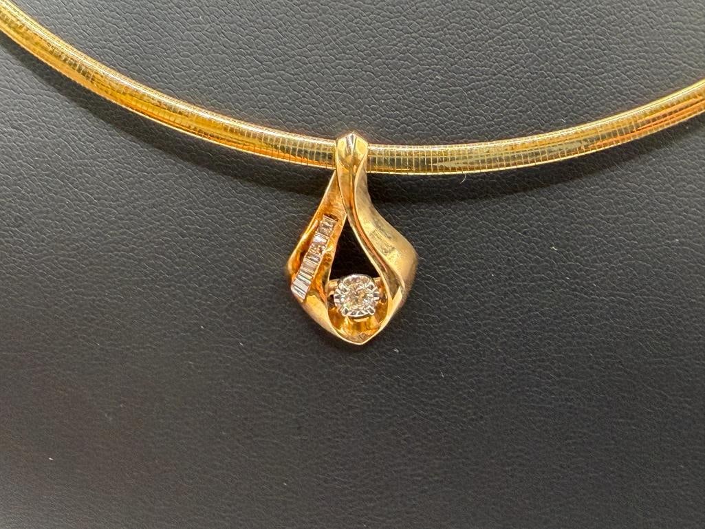 10K YELLOW GOLD ITALIAN OMEGA STYLE CHOKER NECKLACE WITH 14K YELLOW GOLD DIAMOND SLIDE PENDANT - 2