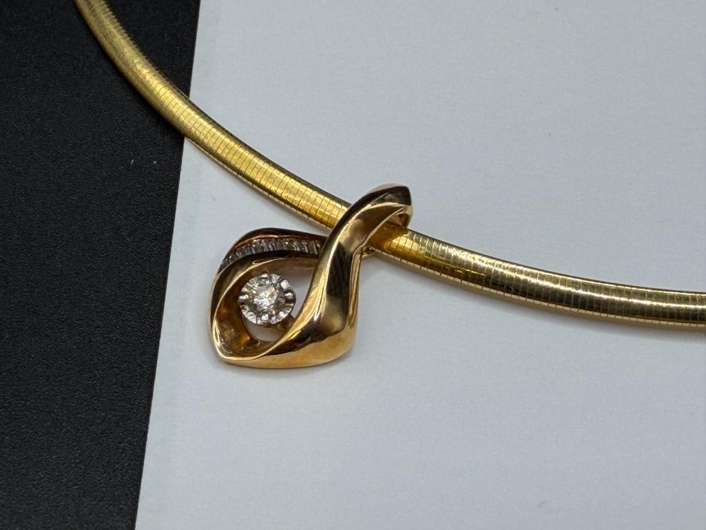 10K YELLOW GOLD ITALIAN OMEGA STYLE CHOKER NECKLACE WITH 14K YELLOW GOLD DIAMOND SLIDE PENDANT - 3