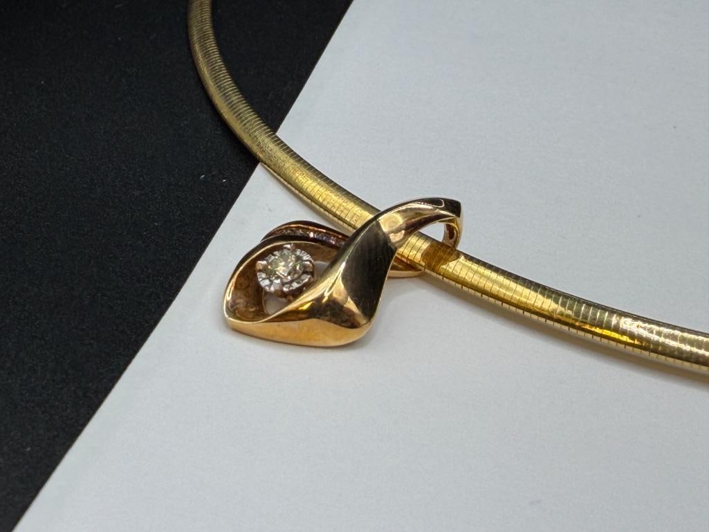 10K YELLOW GOLD ITALIAN OMEGA STYLE CHOKER NECKLACE WITH 14K YELLOW GOLD DIAMOND SLIDE PENDANT - 4
