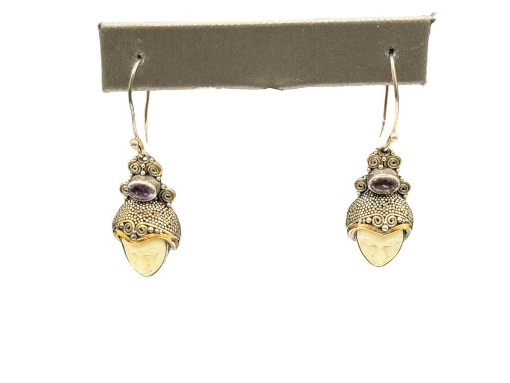 VINTAGE SIAM STERLING SILVER AND 14K GOLD FIGURAL FACE AND OVAL CUT AMETHYST DANGLE EARRINGS (1 of 5)