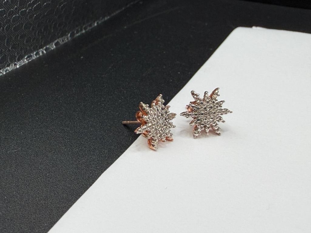 STERLING SILVER ROSE GOLD PLATED DIAMOND CUT STAR / SNOWFLAKE EARRINGS - 3