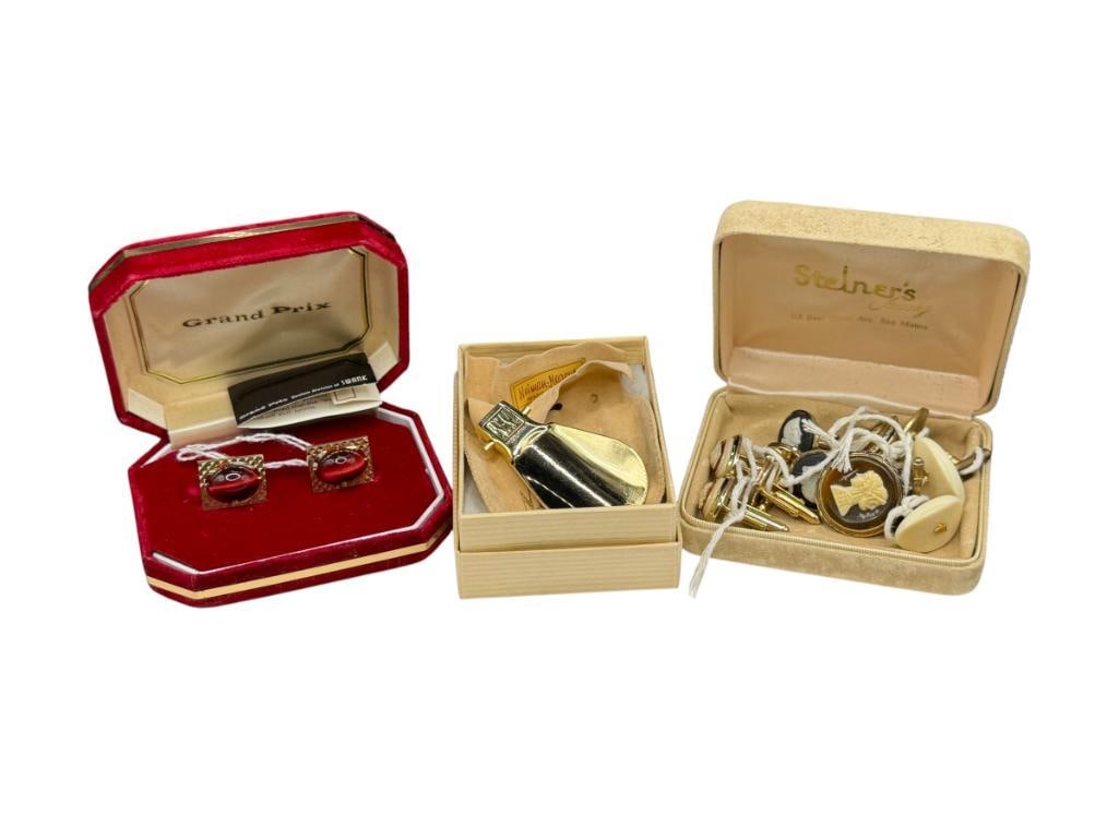 ASSORTED MEN'S JEWELRY FEATURING CUFF LINKS INCLUDING A PAIR OF BONE WITH NATURAL GOLD NUGGETS (1 of 13)