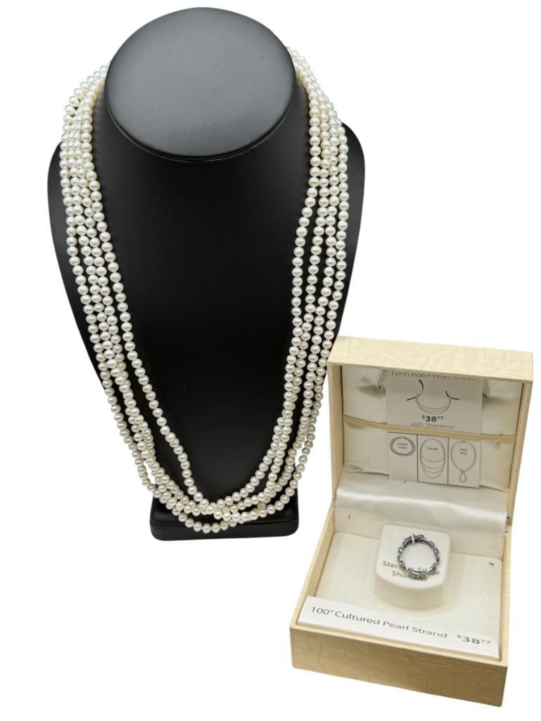 100" CULTURED PEARL NECKLACE STRAND WITH STERLING SILVER CLASP: CLASP CAN BE USED TO HOLD PEARL STRANDS TOGETHER TO CHAIN LENGTHS, INCLUDES ORIGINAL BOX 100" STRAND, 5MM PEARLS