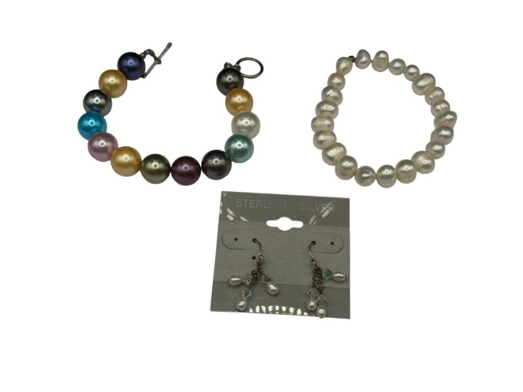 PEARL JEWELRY INCLUDING DYED MULTI-COLOR FAUX PEARL BRACELETS, FRESHWATER PEARL BRACELET, ETC. (1 of 8)