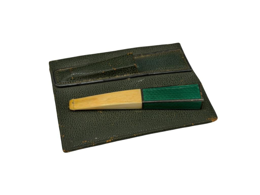 ANTIQUE STERLING SILVER GREEN ENAMELED AND CARVED BONE CIGARETTE HOLDER WITH LEATHER CASE (1 of 5)