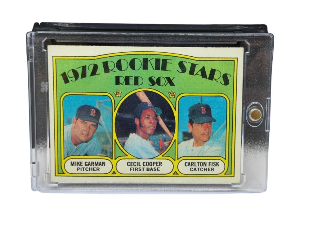 1972 TOPPS #79 1972 ROOKIE STARS RED SOX BASEBALL CARD CARLTON FISK, MIKE GARMAN, AND CECIL COOPER: ROOKIE CARD, FEATURING HALL OF FAMER CARLTON FISK, RARE CARD, SEE PHOTOS FOR CONDITION, FROM THE ESTATE OF A LOCAL RENO, NV DOCTOR AT RENOWN WHO RAN BIG LEAGUE SPORTS MEDICINE BASEBALL CAMP FOR NEARLY