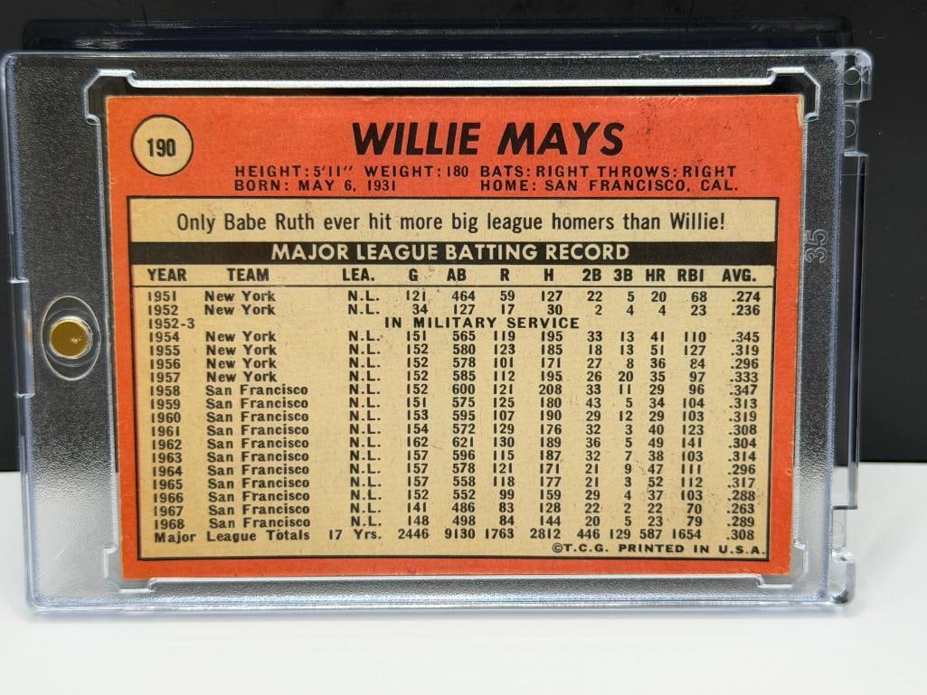 1969 TOPPS #190 WILLIE MAYS BASEBALL CARD - 9