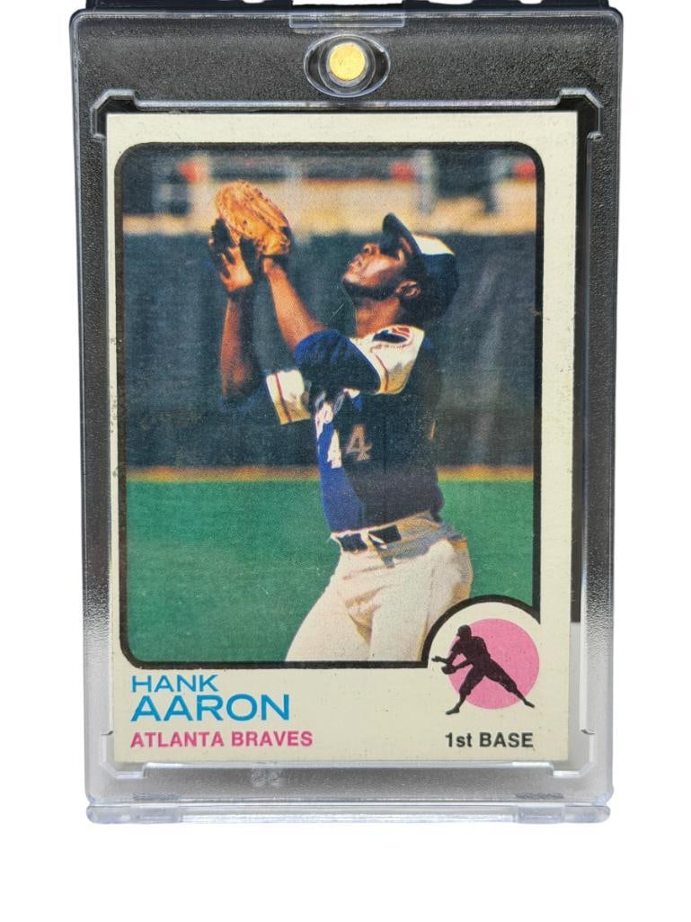 1973 TOPPS #100 HANK AARON BASEBALL CARD: HENRY LOUIS AARON, ATLANTA BRAVES, HALL OF FAMER, RARE CARD, SEE PHOTOS FOR CONDITION, FROM THE ESTATE OF A LOCAL RENO, NV DOCTOR AT RENOWN WHO RAN BIG LEAGUE SPORTS MEDICINE BASEBALL CAMP FOR NE