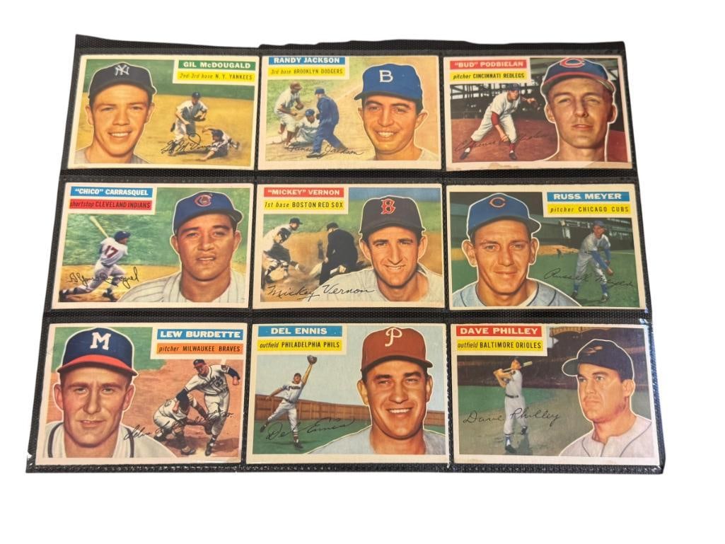 18 ASSORTED 1956 TOPPS BASEBALL CARDS: FEATURING 18 DIFFERENT CARDS, RARE CARDS, SEE PHOTOS FOR CONDITION, FROM THE ESTATE OF A LOCAL RENO, NV DOCTOR AT RENOWN WHO RAN BIG LEAGUE SPORTS MEDICINE BASEBALL CAMP FOR NEARLY 20 YEARS, DOCTOR JO