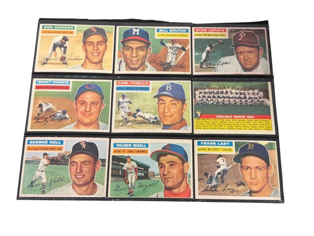 18 ASSORTED 1956 TOPPS BASEBALL CARDS: FEATURING 18 DIFFERENT CARDS, RARE CARDS, SEE PHOTOS FOR CONDITION, FROM THE ESTATE OF A LOCAL RENO, NV DOCTOR AT RENOWN WHO RAN BIG LEAGUE SPORTS MEDICINE BASEBALL CAMP FOR NEARLY 20 YEARS, DOCTOR JO