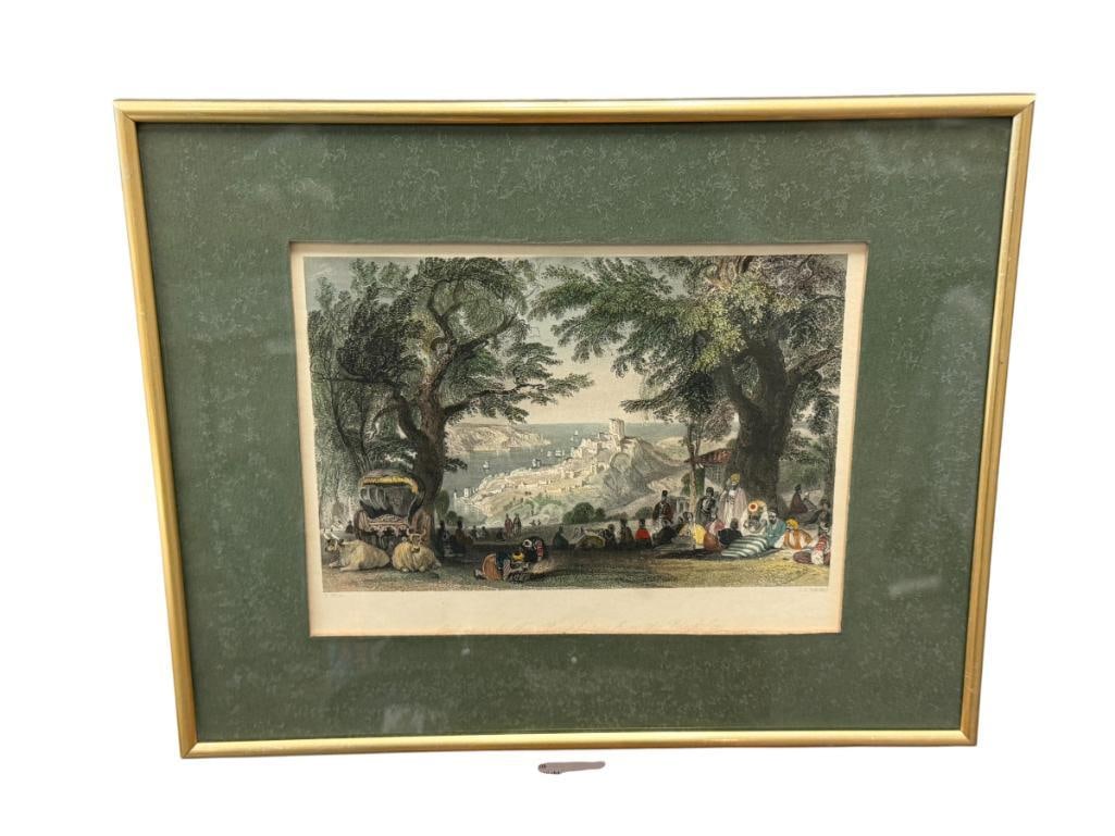 HAND COLORED ENGRAVING TITLED ENTRANCE TO THE BOSPHORUS FROM THE BLACK SEA THOMAS ALLOM: ENGRAVED BY J.C. BENTLEY, ART DEPICTS PEOPLE RESTING WITH ANIMALS AT THE TOP OF A HILL COVERED BY TREES OVERLOOKING VILLAGE NEAR A SEA, FRAMED 12" X 9 1/4" FRAME