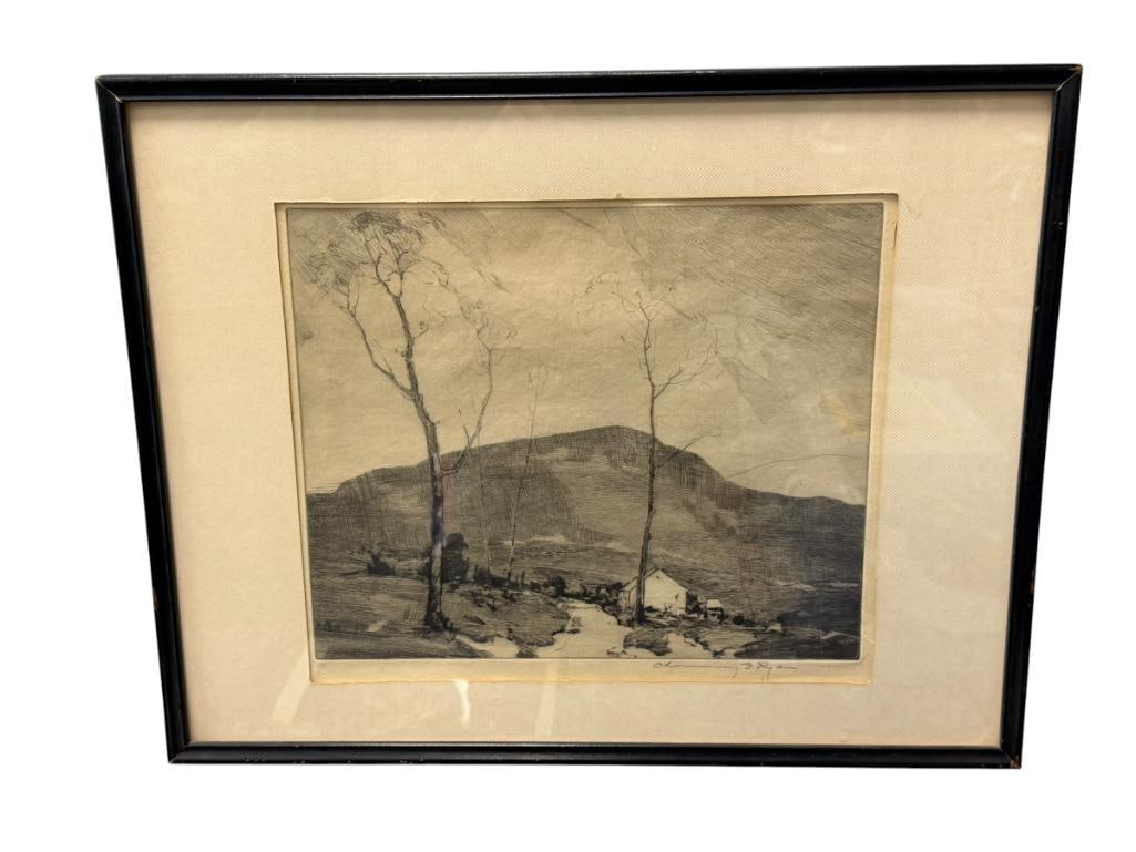 CHAUNCEY F. RYDER AMERICAN LANDSCAPE PAINTER SIGNED ETCHING: CHAUNCEY F. RYDER (1868-1949) WAS AN AMERICAN POSTIMPRESSIONIST LANDSCAPE PAINTER, KNOWN FOR GREEN-GRAY PALETTE, ART DEPICTS WINTER LANDSCAPE, SIGNED LOWER RIGHT, FRAMED 18 1/2" X 14 1/2" FRAME