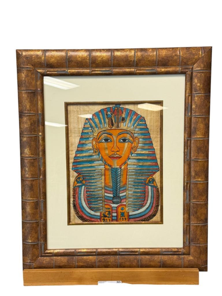 HAND PAINTED EGYPTIAN PAINTING ON PAPYRUS PAPER OF THE MASK OF TUTANKHAMUN: 21" X 25" FRAME