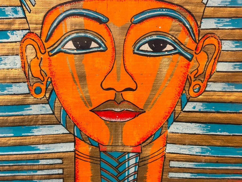 HAND PAINTED EGYPTIAN PAINTING ON PAPYRUS PAPER OF THE MASK OF TUTANKHAMUN - 4