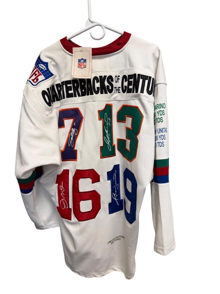 VINTAGE MITCHELL & NESS LIMITED EDITION EMBROIDERED AUTOGRAPHS JERSEY QUARTERBACKS OF THE CENTURY: JERSEY FEATURES EMBROIDERED AUTOGRAPHS OF FOUR HALL OF FAME PLAYERS JOHNNY UNITAS, JOE MONTANA, JOHN ELWAY, AND DAN MARINO, LIMITED EDITION NO. 837/2003, JERSEY APPEARS TO HAVE NOT EVER BEEN WORN,