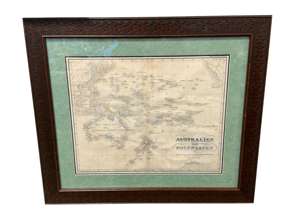 19TH CENTURY ENGRAVED ATLAS MAP BY CARL CHRISTIAN GLASER SHEET 36 AUSTRALIAN ODER POLYNESIEN: PUBLISHED BY DARMSTADT, GERMANY, FRAMED 24" X 20 1/2" FRAME