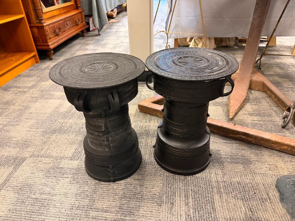 PAIR OF POTTERY BARN SOUTHEAST ASIAN STYLE RAIN DRUM ACCENT TABLES OUTDOOR / INDOOR - 2