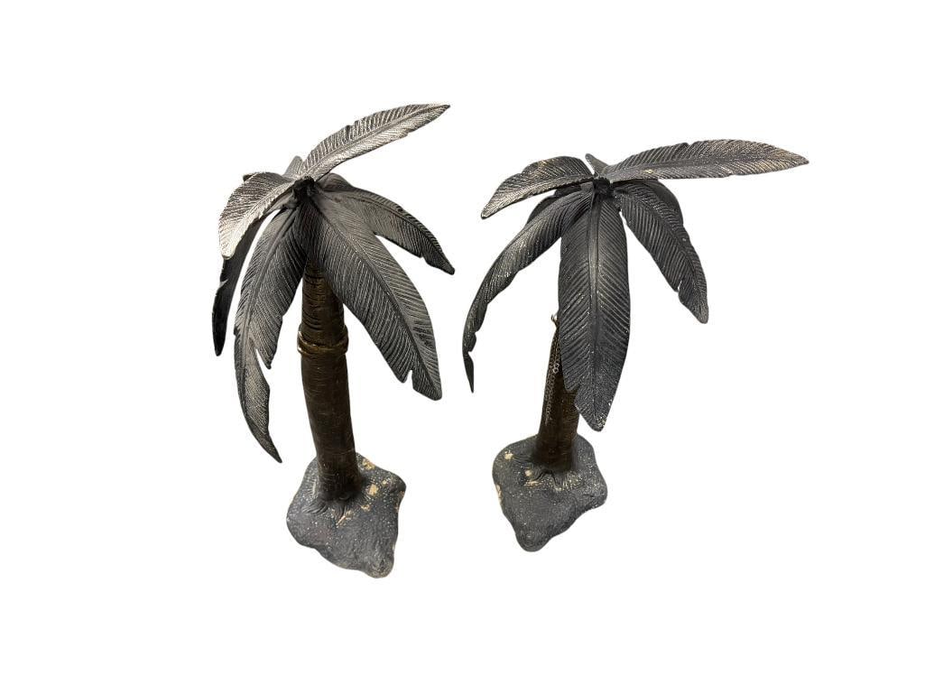 SPI HOME CAST ALUMINUM DECORATIVE PALM TREES INDOOR / OUTDOOR DECORATIONS: BLACK FINISHED METAL PALM TREES, FINISH SHOWS WEATHERING 24" H