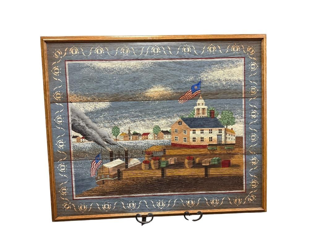 LARGE AMERICAN FOLK ART PRINT ON CANVAS OF EARLY AMERICAN COASTAL COLONY SIGNED HUNTINGTON: RIBBED / TEXTURED APPEARS TO HAVE BEEN PAINTED ON WOODEN PLANKS, DEPICTS SCENE OF SHIP AT A DOCK WITH BUILDINGS IN THE BACKGROUND, FRAMED 46" X 38 1/2" FRAME