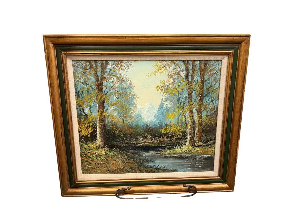 ORIGINAL OIL ON CANVAS PAINTING FOREST LANDSCAPE SIGNED HONO: ART DEPICTS MOODY FOREST LANDSCAPE WITH MOUNTAINS IN THE BACKGROUND, SIGNED LOWER LEFT HONO, LAST NAME DIFFICULT TO DECIPHER, FRAMED 26 1/2" X 30 1/2" FRAME