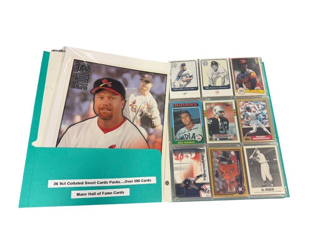 OVER 30 COLLATED SPORT CARD PACKS PLUS DONRUSS 1998 MAGAZINE COVER OF MARK MCGWIRE: OVER 300 CARDS INCLUDING HALL OF FAMERS