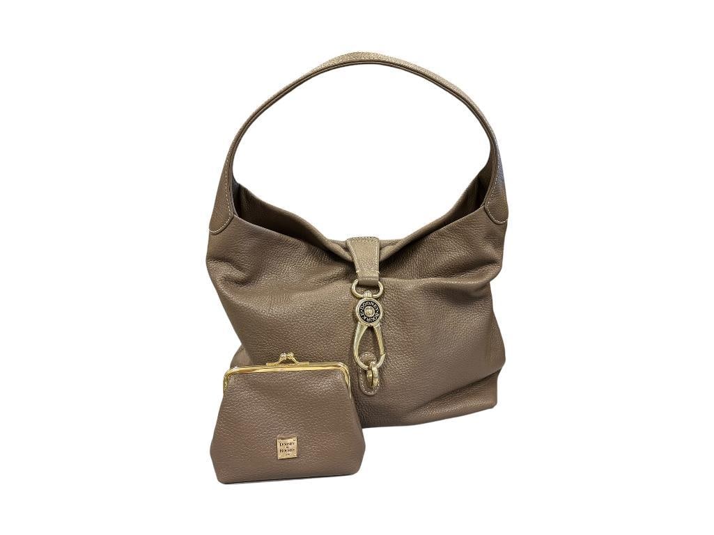 DOONEY & BOURKE LUCCA PEBBLED LEATHER HOBO BAG WITH MATCHING MATCHING COIN BAG TAUPE ELEPHANT: WITH GOLD FINISH CLASP 13" X 6" X 10" BAG, 6" X 4 1/2" COIN BAG