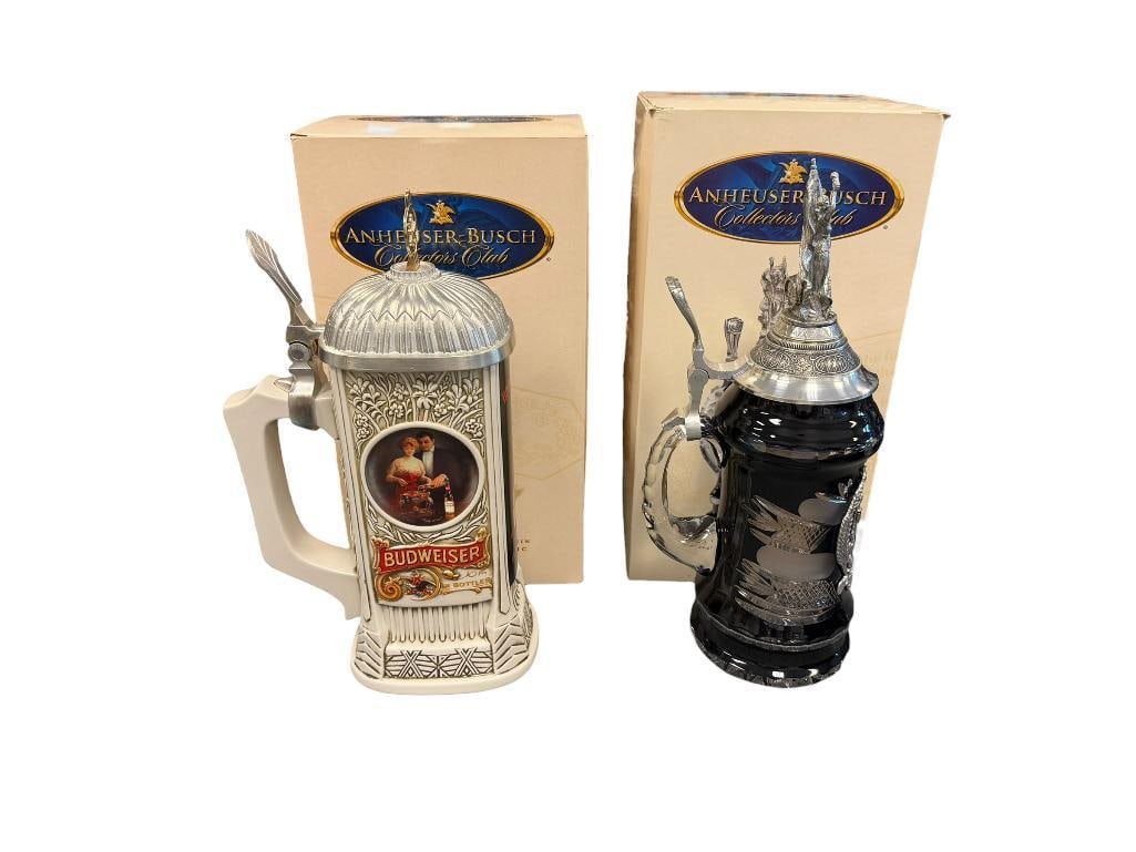 2006 AND 2007 ANHEUSER-BUSCH COLLECTOR'S CLUB MEMBERS ONLY STEINS: BUDWEISER CLASSIC STEIN AND A TRIBUTE TO BREWING CRYSTAL STEIN, IN MINT CONDITION WITH ORIGINAL BOXES 11 1/2" AND 12" H