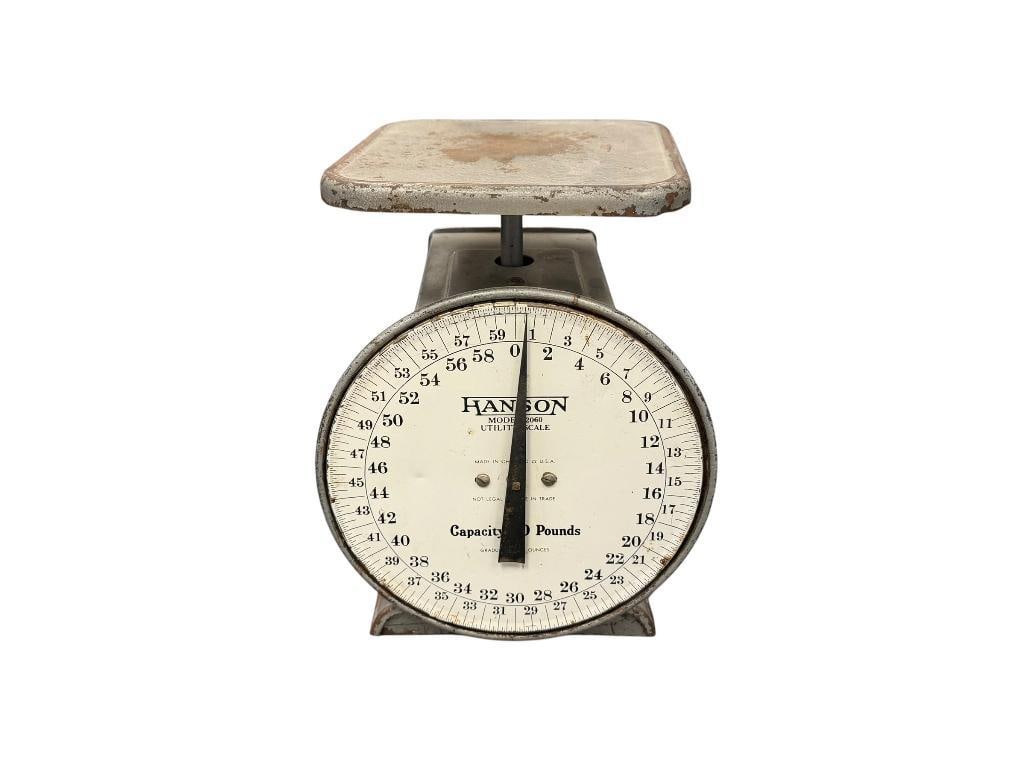 VINTAGE HANSON 60 LBS UTILITY SCALE MODEL 2060: SHOWS PAINT WEAR, BUT OPERABLE 10 1/4" H