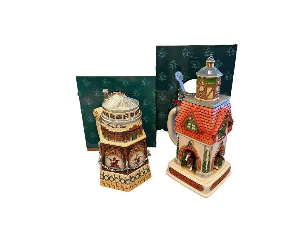 1999 AND 2003 ANHEUSER-BUSCH / BUDWEISER COLLECTORS CLUB MEMBERS ONLY BEER STEINS: CLYDESDALE STABLE AND GRANT'S FARM BAUERNHOF RELIEF STEINS WITH CLASSIC A AND EAGLE LOGO AND OTHER OF FARM WITH CLYDESDALES, BOTH WITH PEWTER FLIP LIDS, BOTH IN MINT CONDITION WITH ORIGINAL