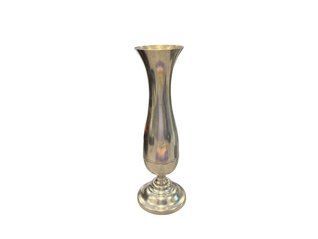 STIEFF PEWTER PEDESTAL BUD VASE RETIRED P 131: SOLID PEWTER BUD VASE, STEPPED ROUND BASE WITH FLARED RIM, MARKED ON THE BOTTOM, NO MAJOR DENTS 7 1/4" H