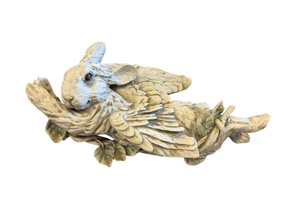 CHRISDON RABBIT BUNNY CARROTS LAMP BASE: DEPICTS A BUNNY WITH WINGS AND DECORATED WITH LEAVES, MARKED ON ITS FOOT 16" L