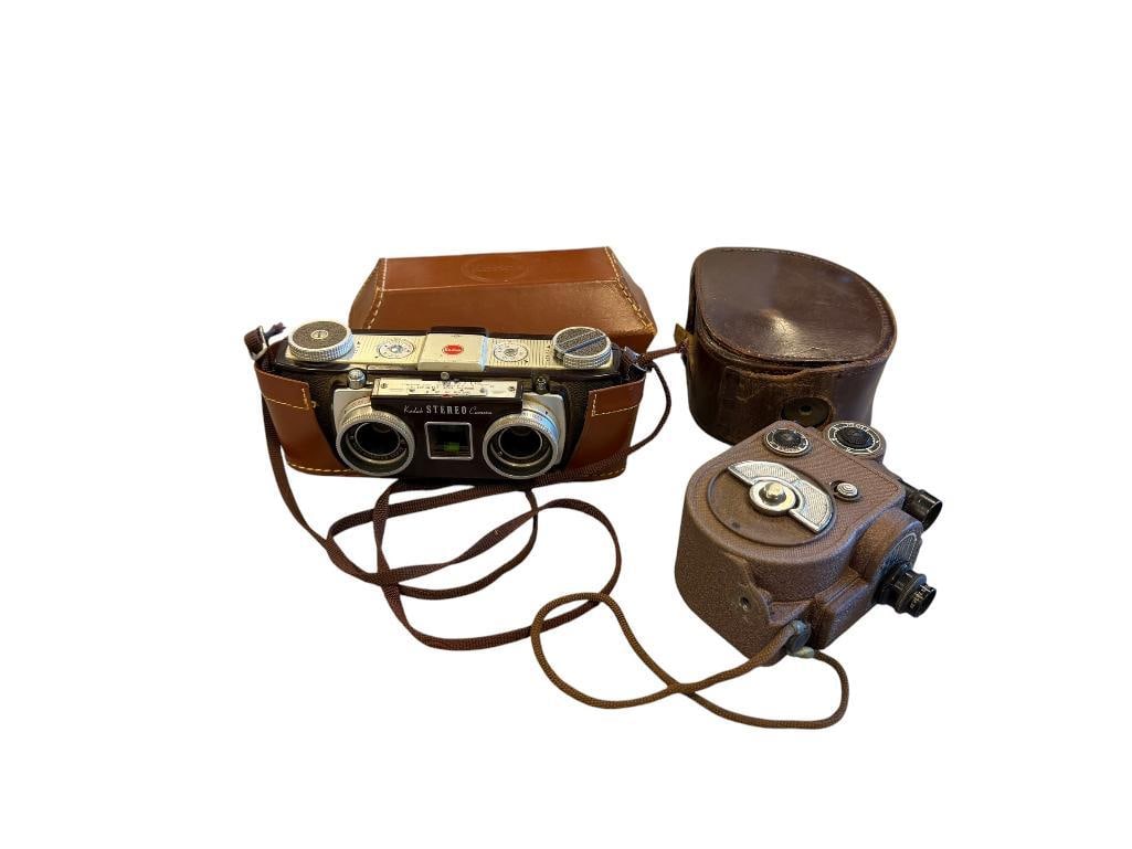 1950'S KODAK STEREO CAMERA TWIN ANASTON 35MM LENSES AND THE REVERE 8MM MOVIE CAMERA: BOTH INCLUDE ORIGINAL LEATHER COVERS
