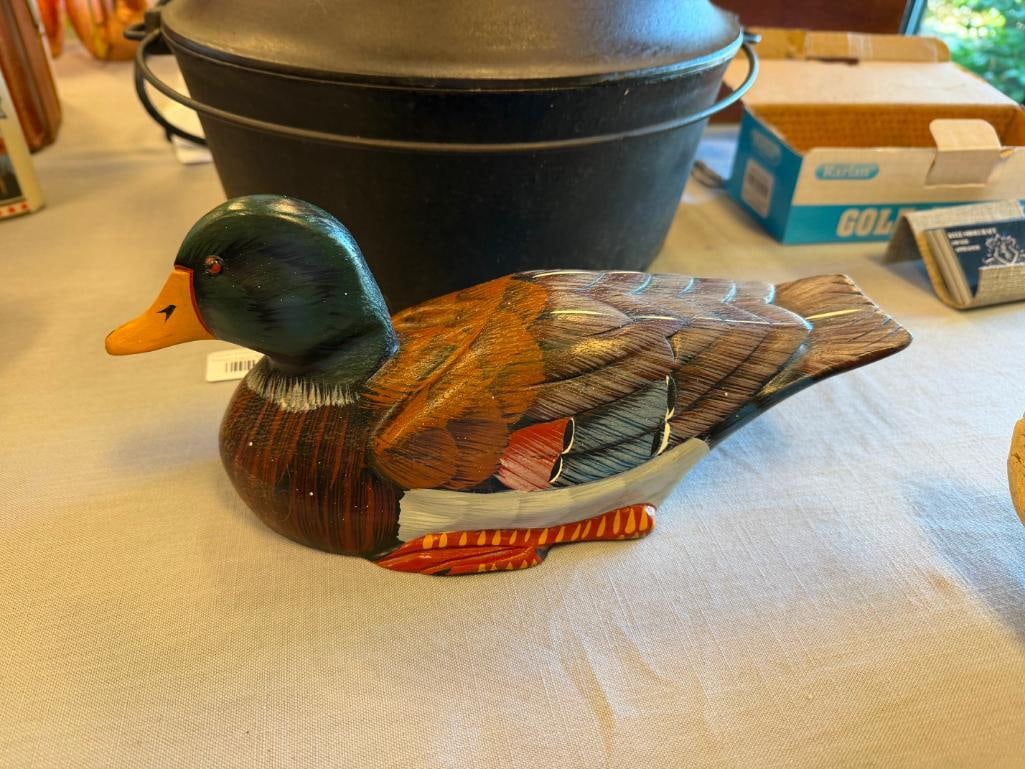 VINTAGE HAND PAINTED WOOD MALLARD DUCK DECOY AND SHAPED REED DECOY - 10