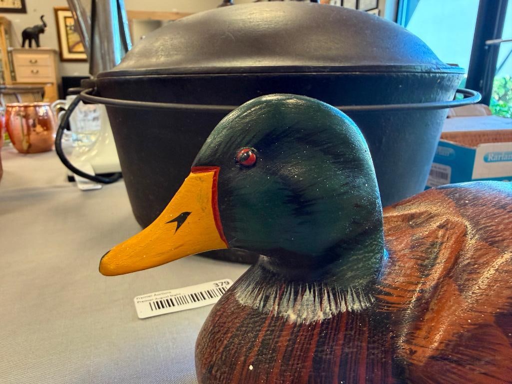 VINTAGE HAND PAINTED WOOD MALLARD DUCK DECOY AND SHAPED REED DECOY - 11
