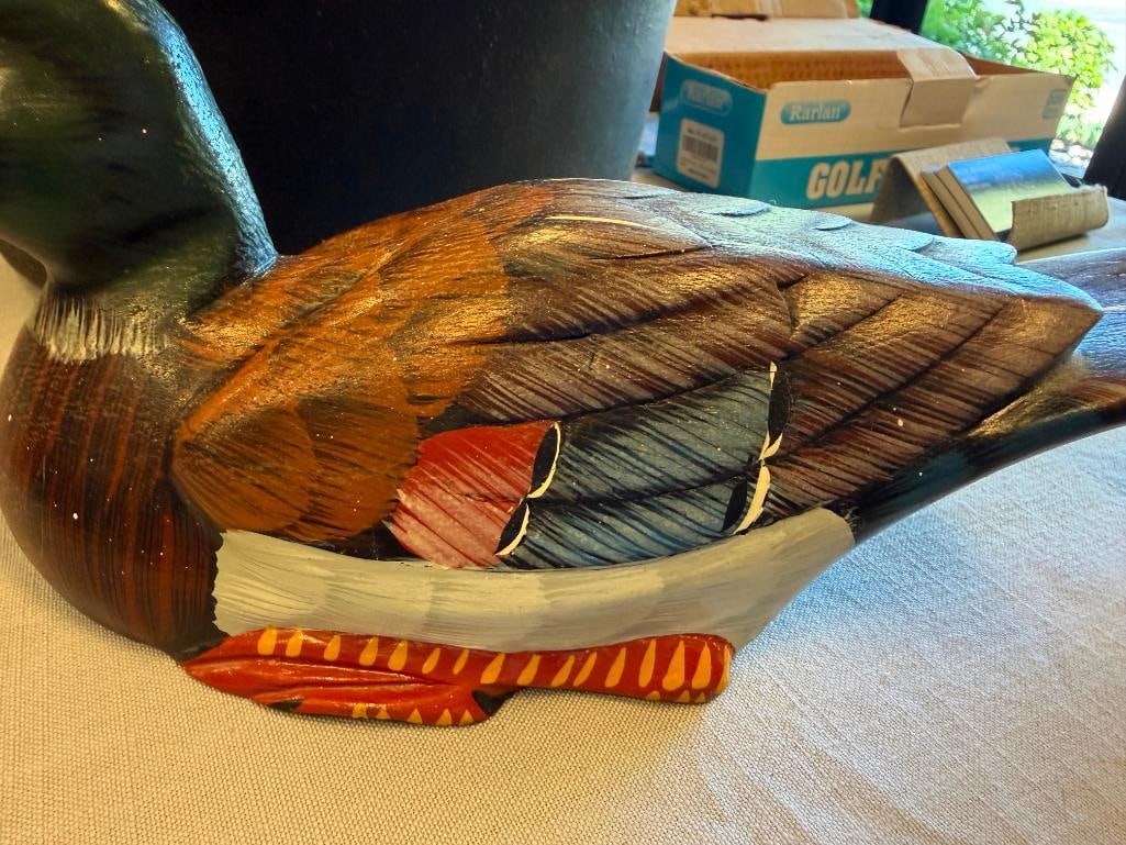 VINTAGE HAND PAINTED WOOD MALLARD DUCK DECOY AND SHAPED REED DECOY - 12