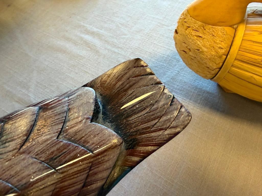 VINTAGE HAND PAINTED WOOD MALLARD DUCK DECOY AND SHAPED REED DECOY - 14