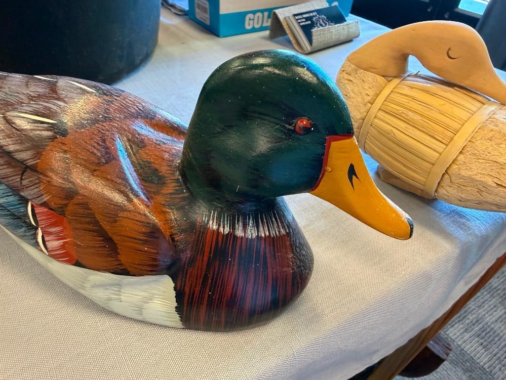 VINTAGE HAND PAINTED WOOD MALLARD DUCK DECOY AND SHAPED REED DECOY - 16