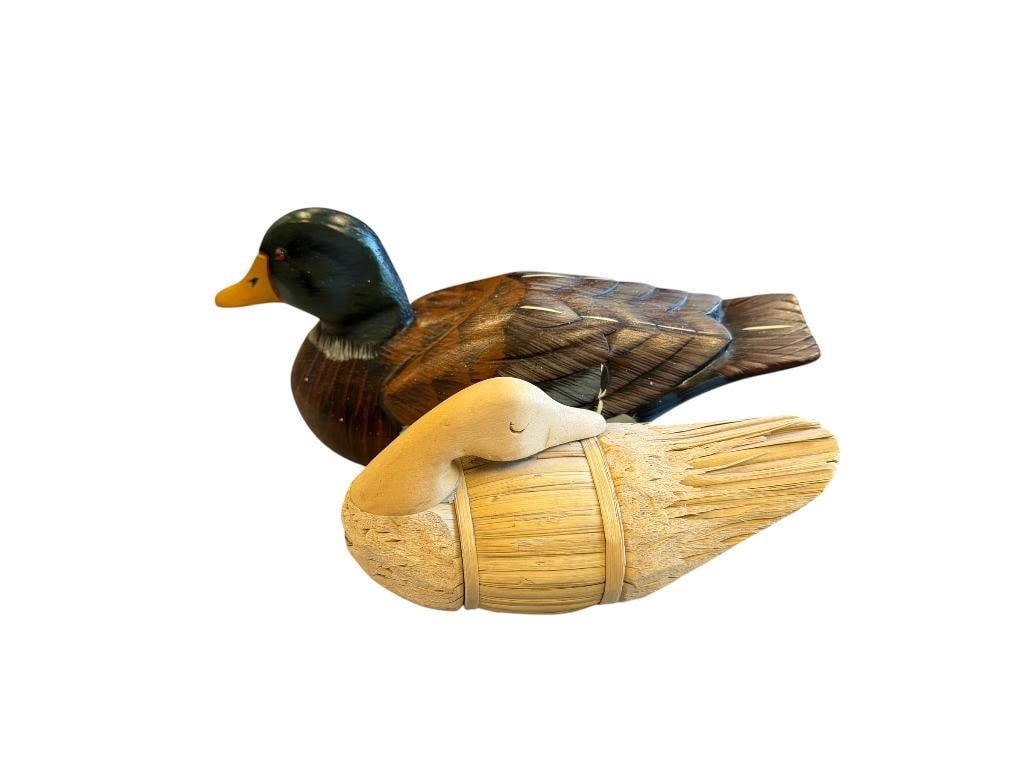 VINTAGE HAND PAINTED WOOD MALLARD DUCK DECOY AND SHAPED REED DECOY: WOODEN DECOY MADE IN THE PHILIPPINES 8" AND 12" L