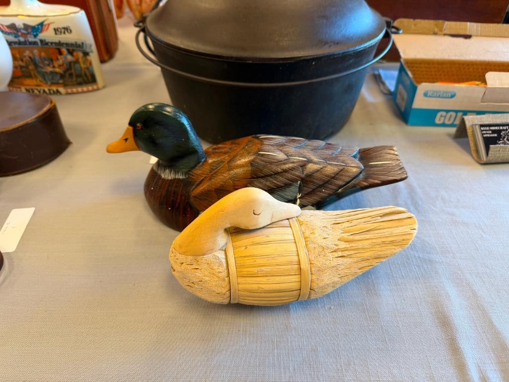 VINTAGE HAND PAINTED WOOD MALLARD DUCK DECOY AND SHAPED REED DECOY - 2