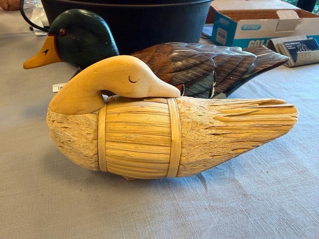 VINTAGE HAND PAINTED WOOD MALLARD DUCK DECOY AND SHAPED REED DECOY - 3