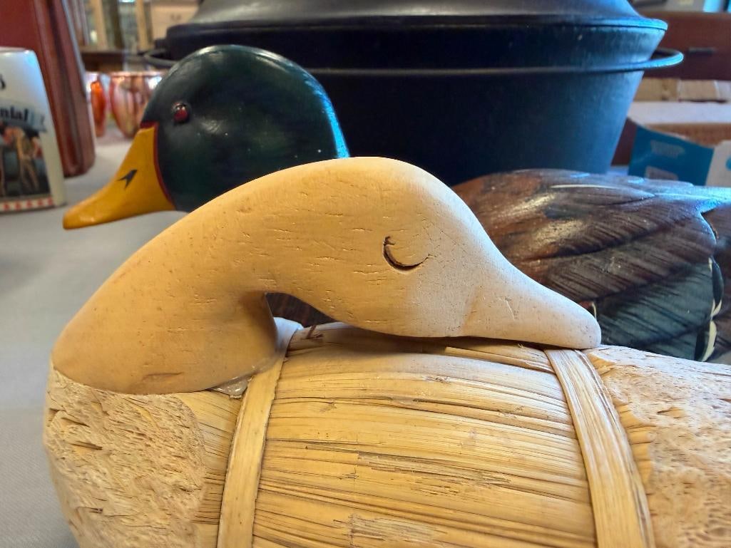 VINTAGE HAND PAINTED WOOD MALLARD DUCK DECOY AND SHAPED REED DECOY - 4
