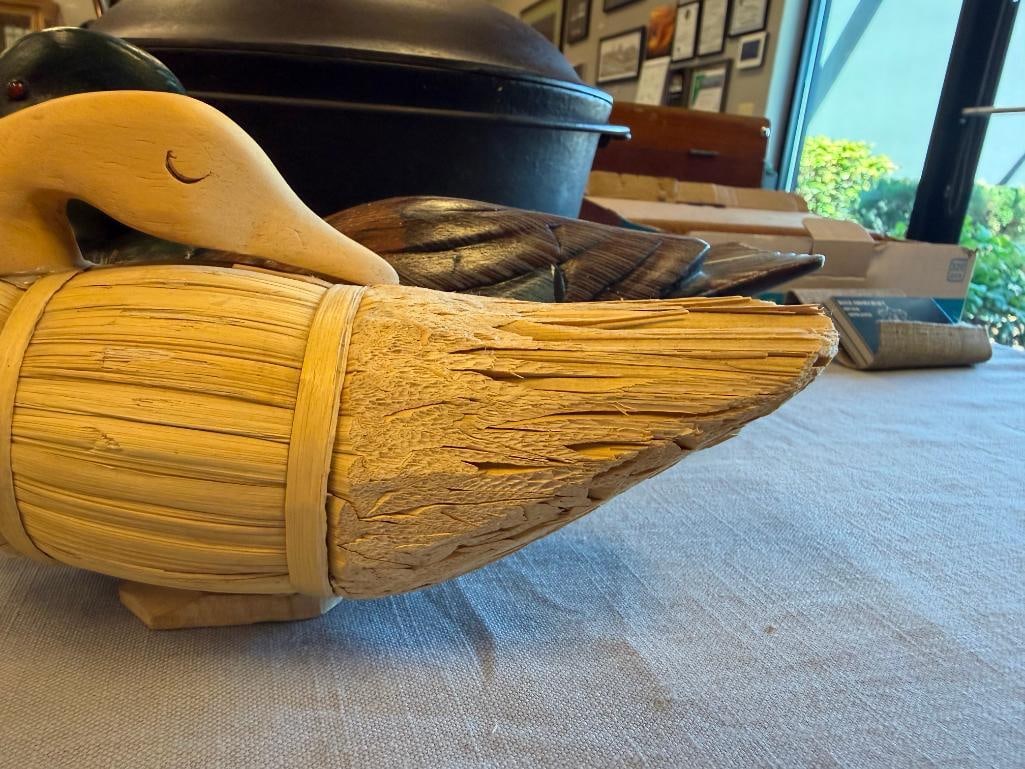 VINTAGE HAND PAINTED WOOD MALLARD DUCK DECOY AND SHAPED REED DECOY - 6