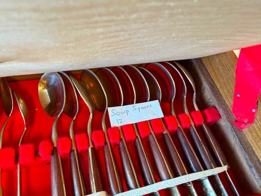 THAI SIAM BRONZE AND TEAK FLATWARE SET 12 PIECE SETTING FOR 12 WITH SERVING UTENSILS J.Q. HALLMARK - 13